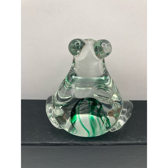 Vintage Clear Glass Art Frog with Green Swirls Paperweight 3" Tall - Picture 3 of 7